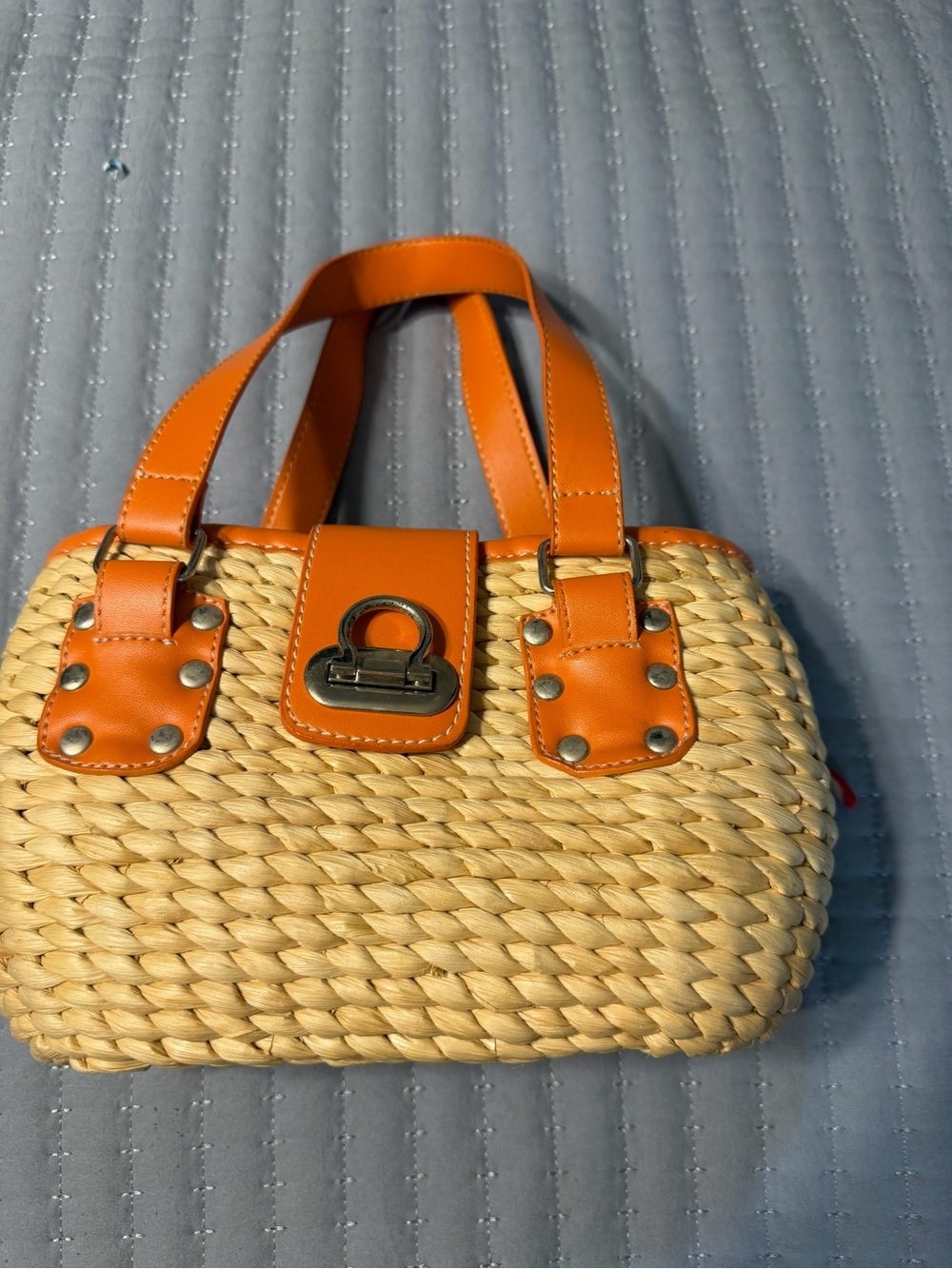Vintage Woven Straw and Orange Faux Leather Handbag